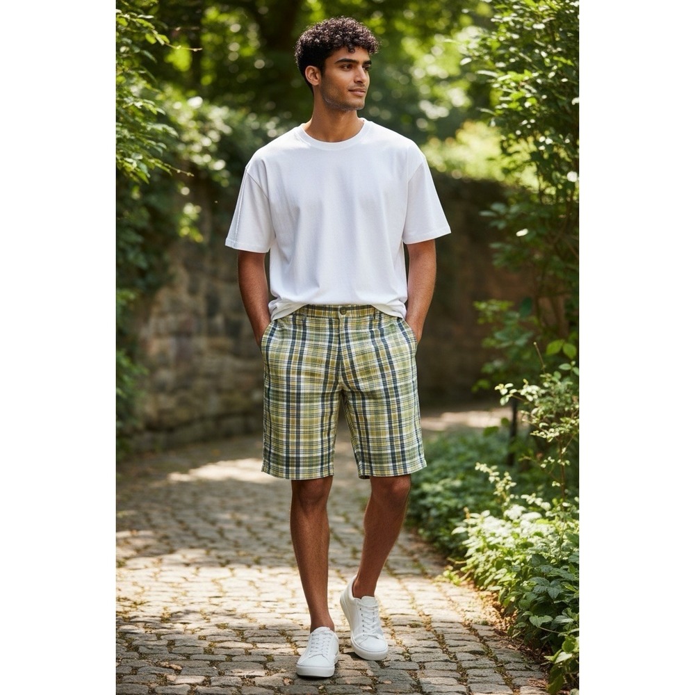VTG Pendleton Plaid Chino Shorts Sz 34‎ Green & Blue Flat Front Casual Preppy